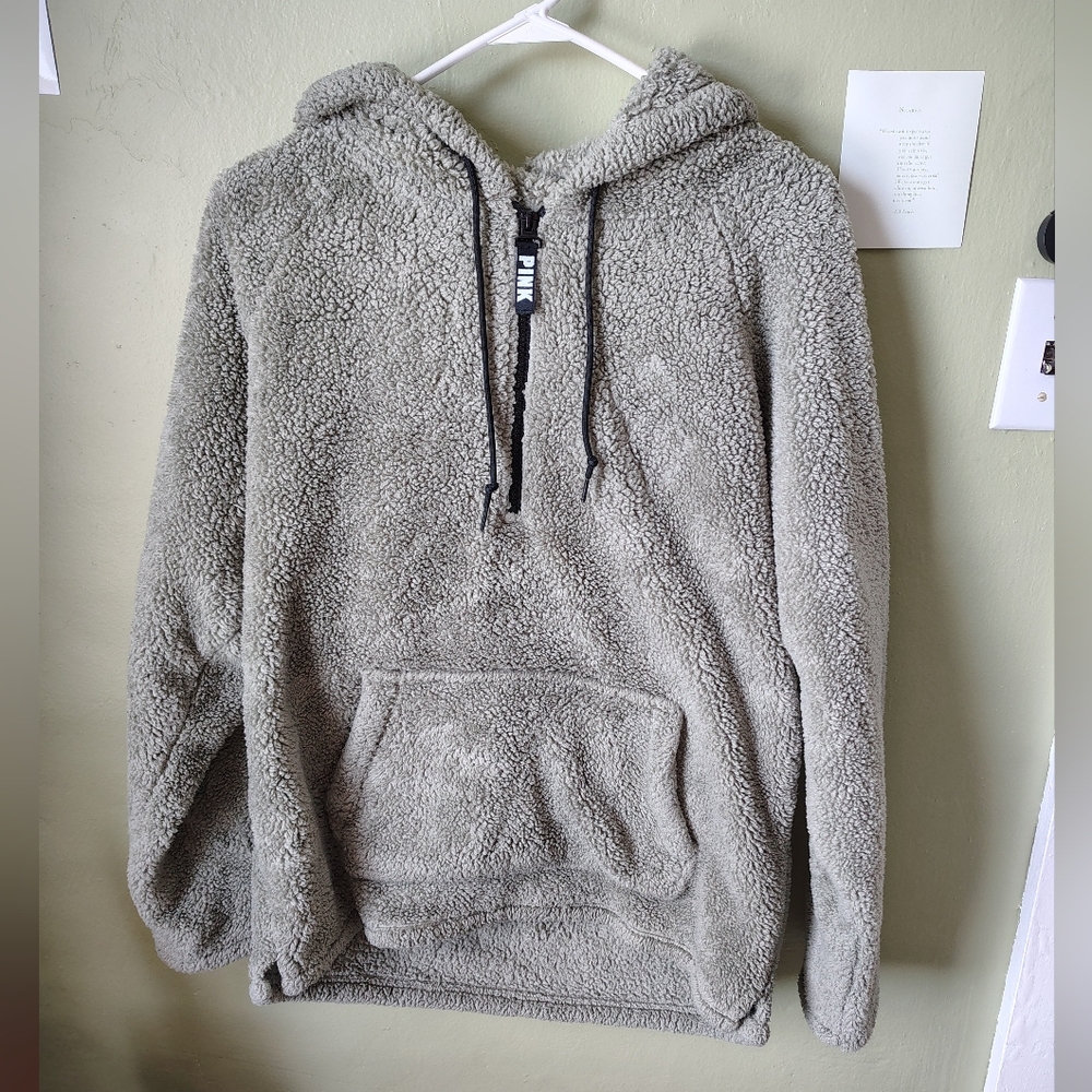 *Like New* Victoria's Secret PINK Large Sage Green Quarter-zip Sherpa Sweatshirt